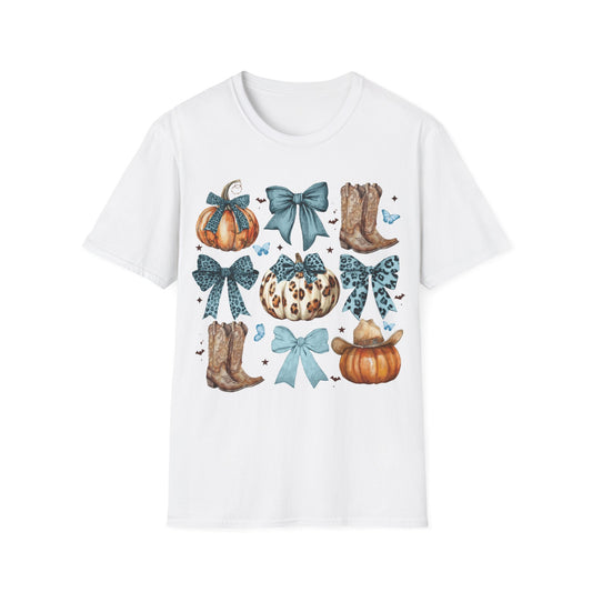 Fall Western Pumpkin T-Shirt, Fall Cowhide Pumpkin, Fall Tee, Western Pumpkin Coquette Bow Pumpkin, Turquoise, Leopard Print Shirt